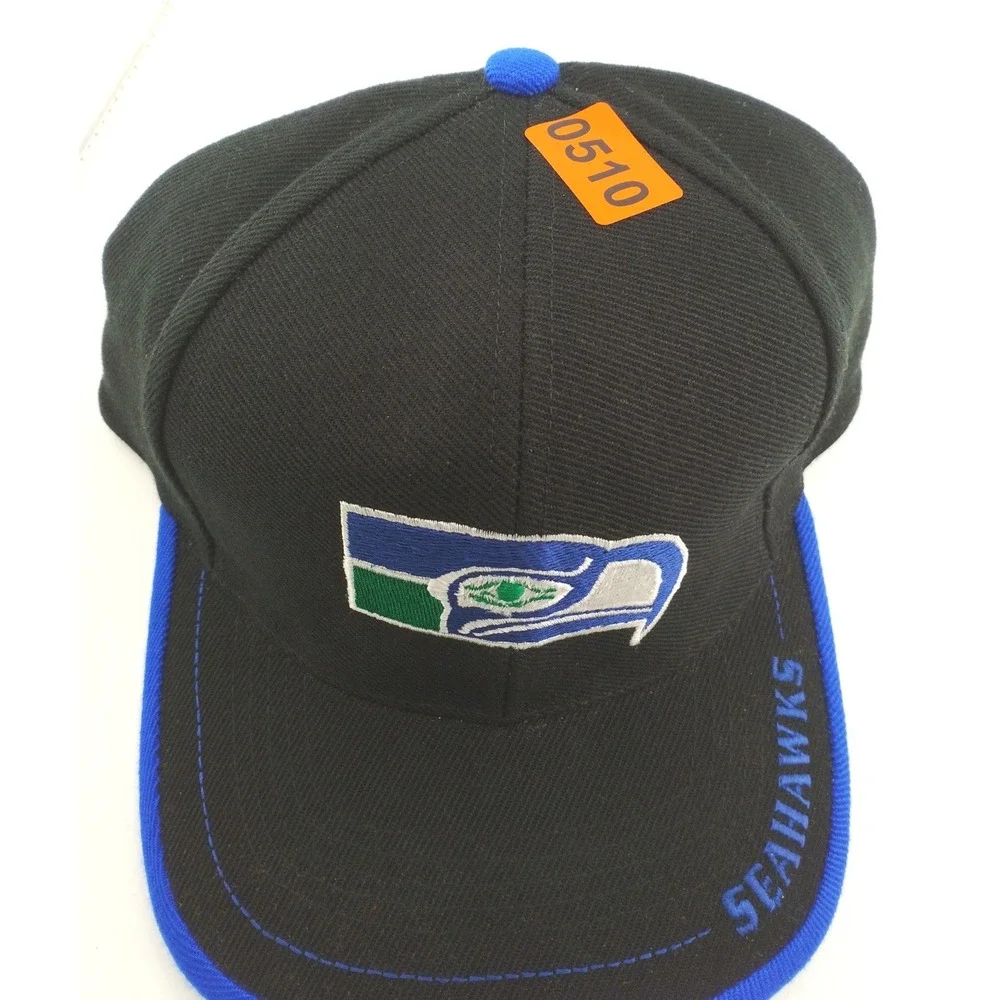 Vintage Logo Athletic Seattle Seahawks NFL Cap Mens Black Blue Strapback Hat